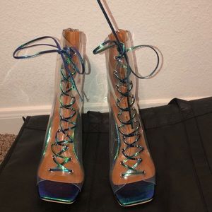 Lace up iridescent and acrylic high heels